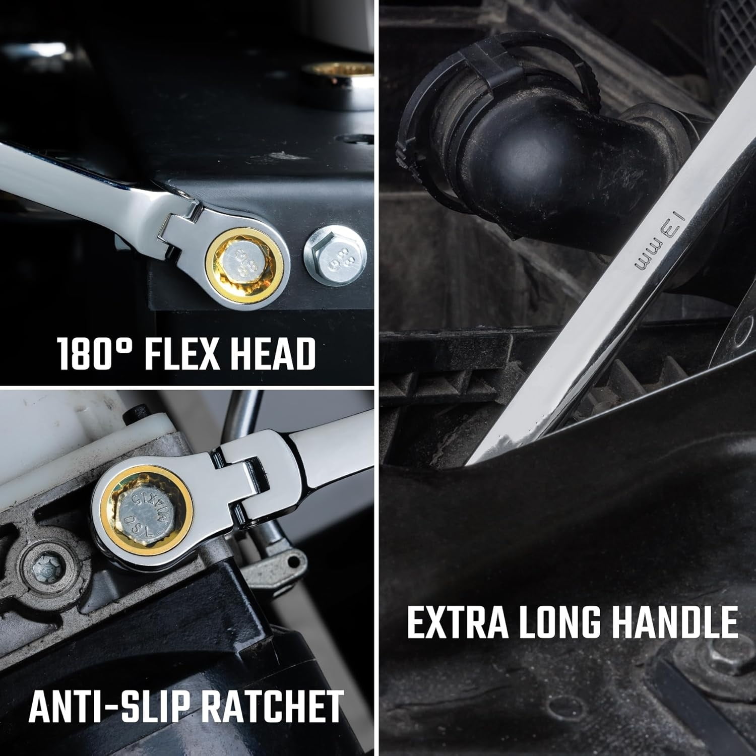 Extra Long Anti-Slip Flex-Head Ratcheting Wrench Set, Double Box End Wrench Set, 6-Piece, Metric 8-19 mm, CR-V Steel, with Pouch