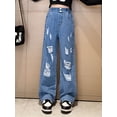 thumbnail image 2 of ZDHoor Kids Girls Casual Denim Pants Solid Color Wide Leg Ripped Jeans,Sizes 5-14 Blue-A 4-6, 2 of 6