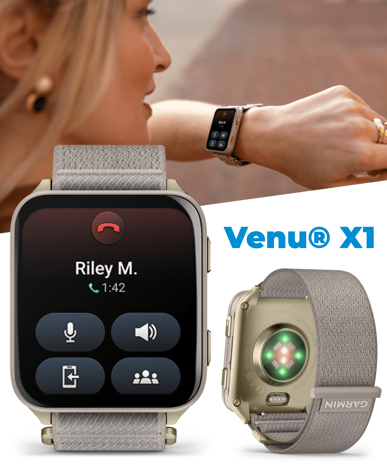 Garmin Venu X1 Thin and Lightweight GPS Smartwatch, AMOLED Display, Soft Gold with Titanium Caseback & French Gray Nylon Band with Wearable4U White EarBuds Bundle