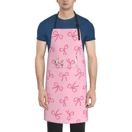 

Tebeau Pink Bows Print Waterproof Cooking Aprons Adjustable Bib Soft Chef Apron with 2 Pockets for Men Women