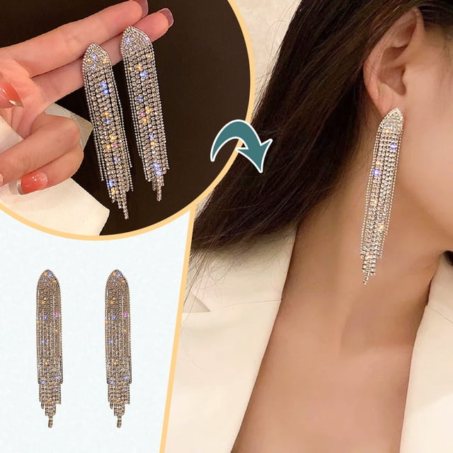 DPTALR Ladies Full Diamond Geometric Earrings Long Tassel Drop Earrings