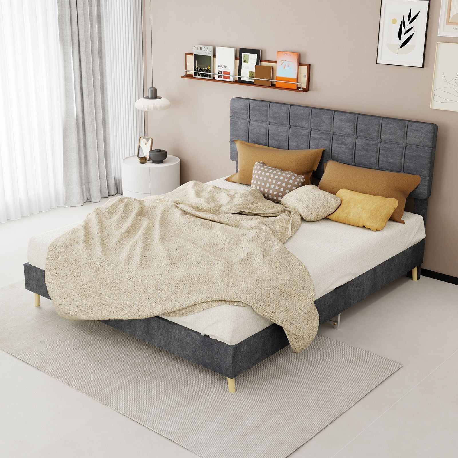 Alvantor Queen Size Upholstered Bed Frame with Padded Headboard Gray