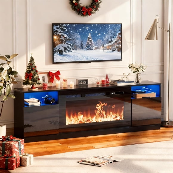 70" Electric Fireplace TV Stand with 36" Heater, 12 Flame & LED Colors, 2-Tier Storage Console Cabinet, Modern Entertainment Center
