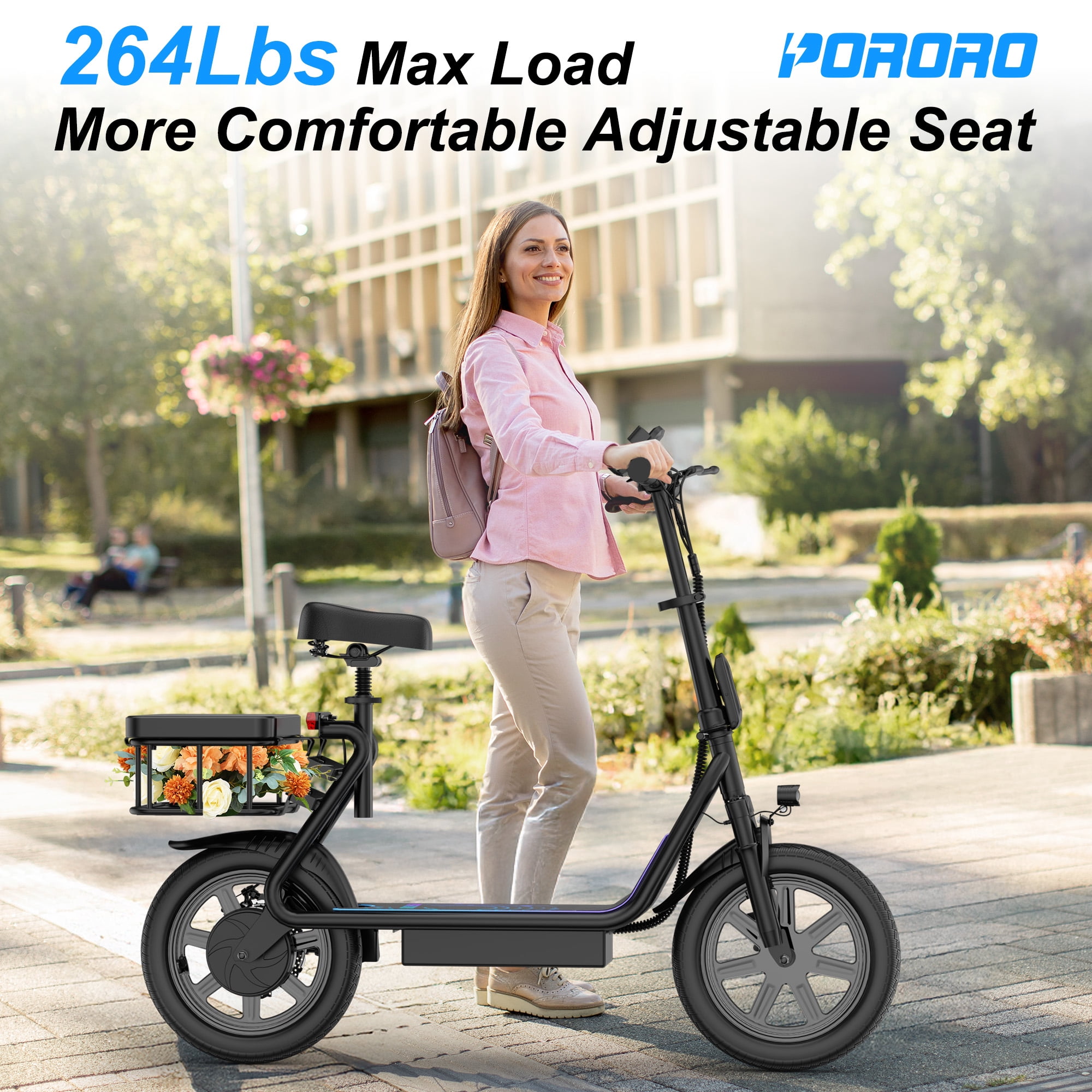PORORO Electric Scooter with Seat, Max 25 Miles Range, with 14" Tires, 500W, 22MPH, Black