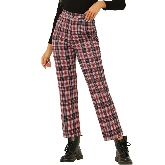 Pantalones de trabajo de cuadros recortados para mujer INSPIRE CHIC, con botones, talla 3XL, color rojo