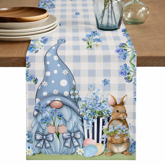 Table Runner 36 Inches Long for Kitchen Dining, Easter Dresser Scarf Farmhouse, Dining Table Decorations for Wedding/Parties, Spring Blue Gnomes Rabbit Eggs Floral Buffalo Plaid 13 x 36 In