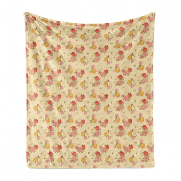 Floral Soft Flannel Fleece Throw Blanket, Illustration of Rose Flowers on Polka Dotted Pastel Backdrop, Cozy Plush for Indoor and Outdoor Use, 50" x 70", Champagne Salmon, by Ambesonne