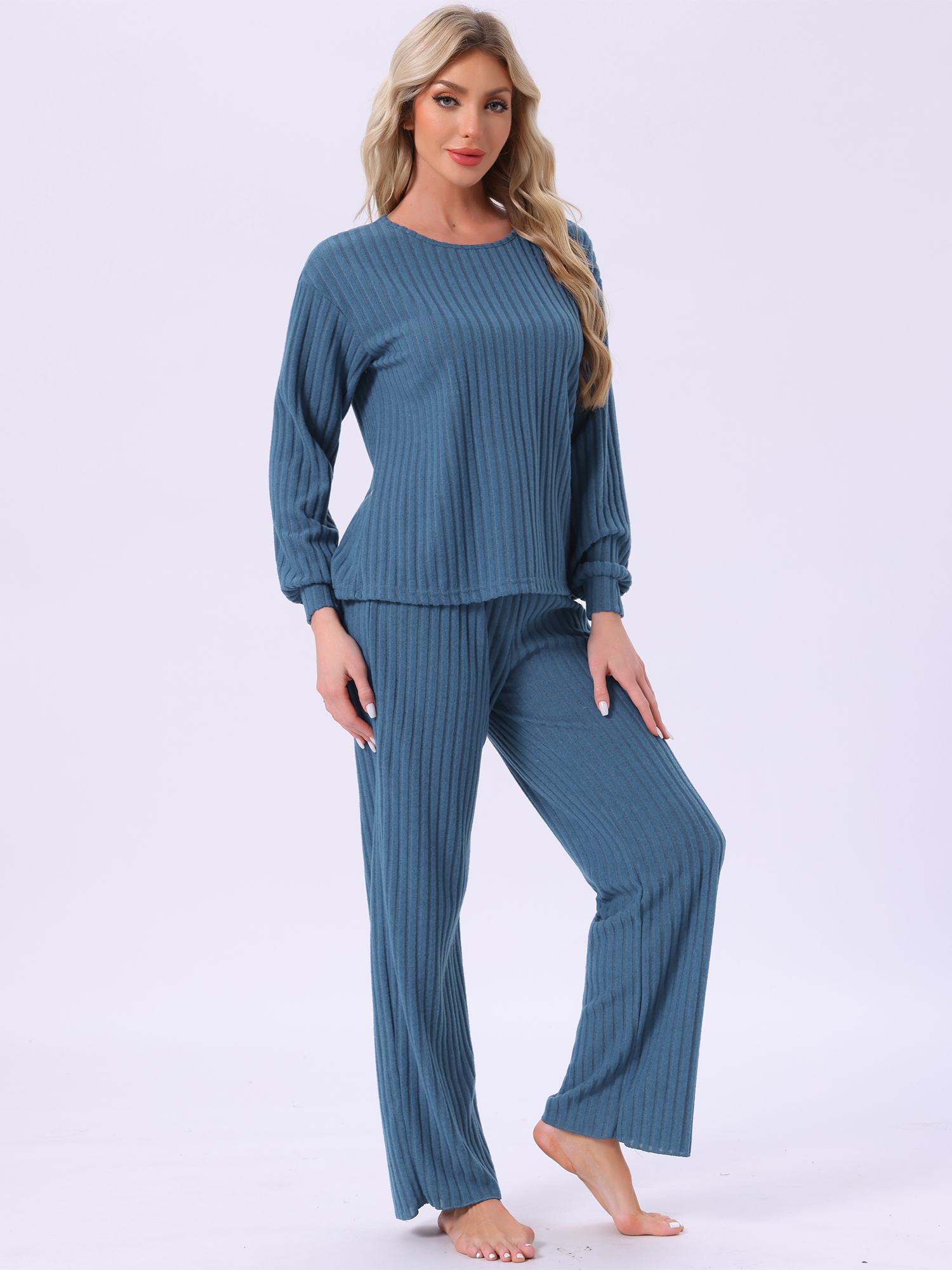 DARING DIVA Ribbed Knit Pajama 2 Piece Long Sleeve Top Pants Sleepwear XL Dark Blue