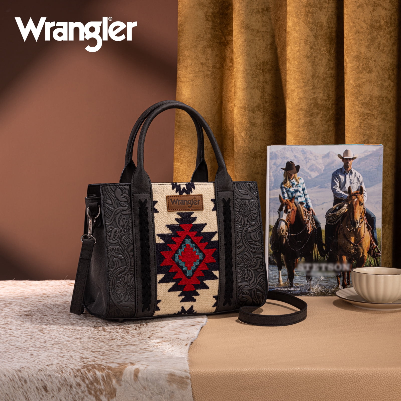 Montana West Wrangler Aztec Tote Bag for Women Western Shoulder Purse Stylish Top Handle Handbag, Black