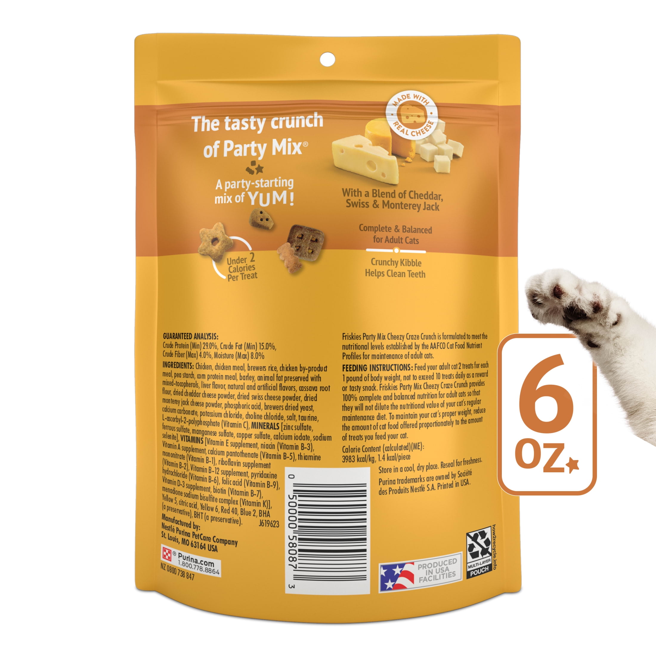Purina Friskies Party Mix Cat Treats, Cheese Craze Crunch Snacks, 6 oz. Pouch
