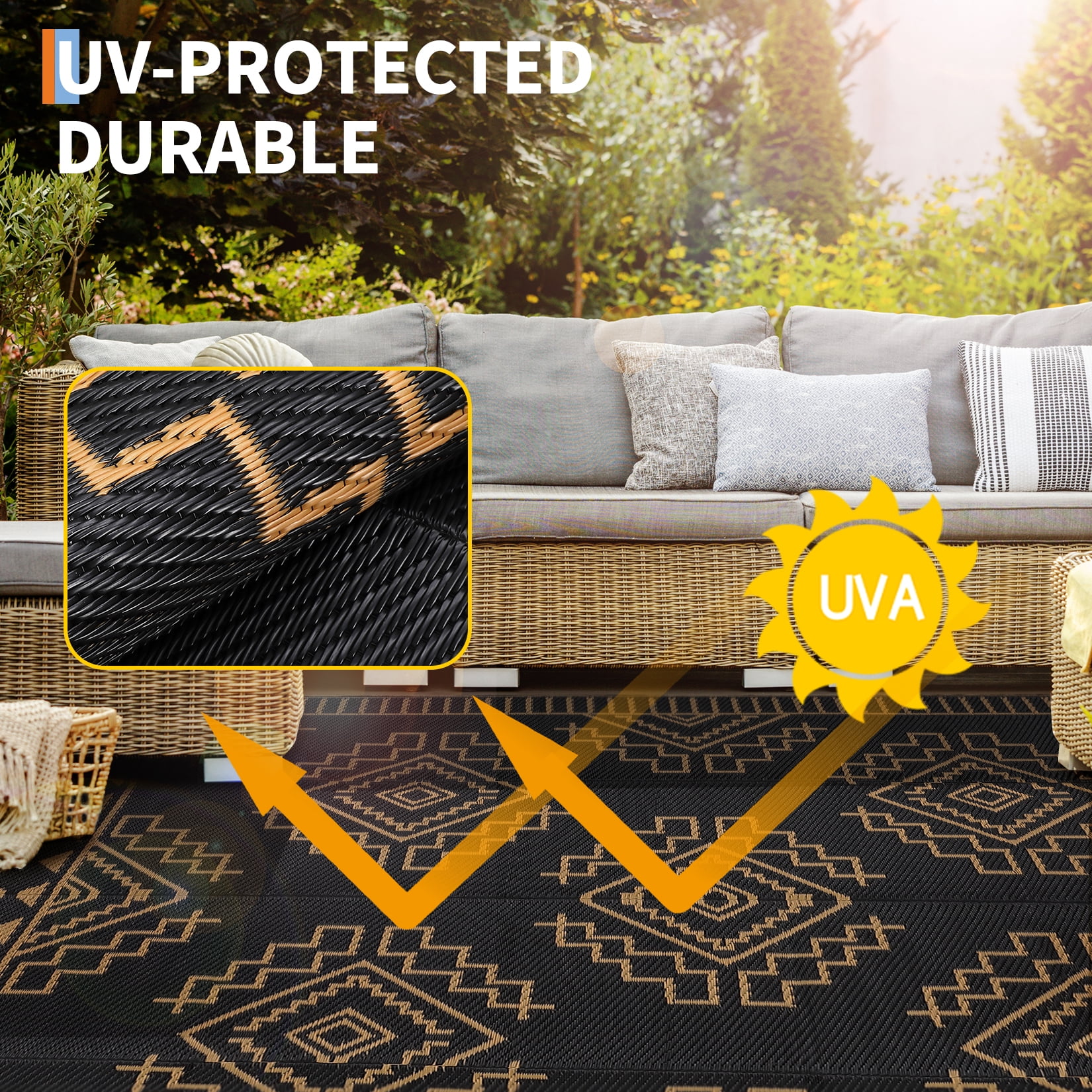 Nanan 9'x12' Outdoor Rug Geometric Waterproof Plastic Straw Rug, Reversible Portable Camping Rug for Patio Balcony Deck Backyard, Black Brown