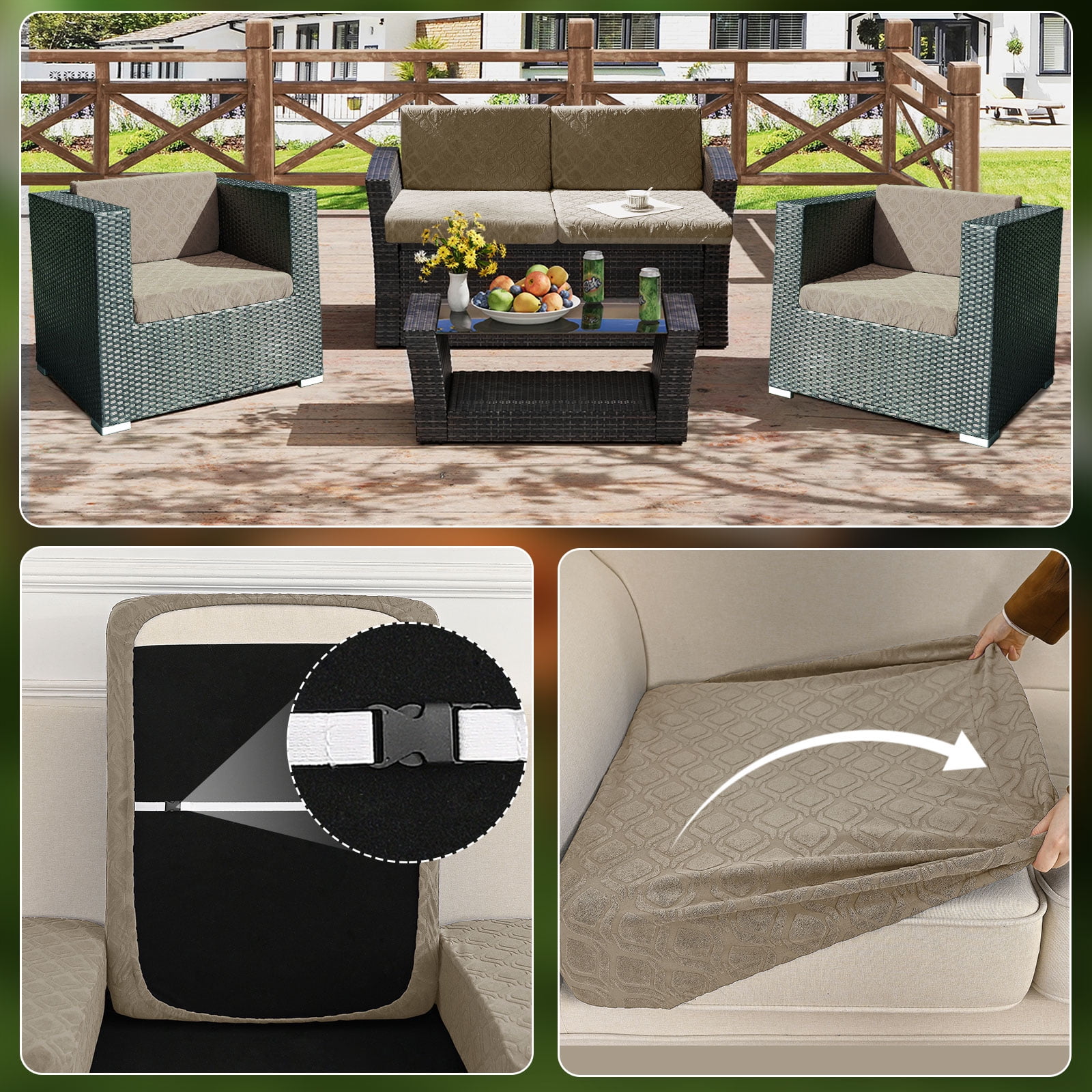 Topchances 6Pcs Patio Cushion Covers, Stretch Outdoor Water Resistant Sofa Cushion Cover Replacement for Patio Furniture Protector (Taupe)