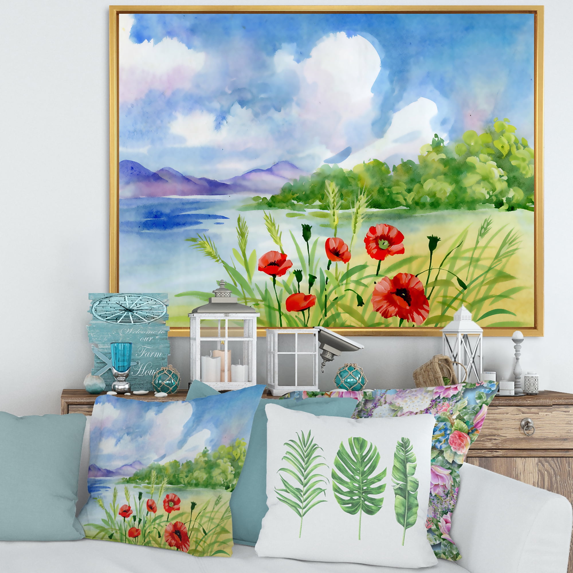 Designart 'Red Tulips On The Bank Near A River Mountain' Lake House Framed Canvas Wall Art Print