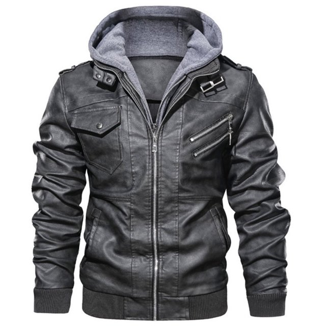 Chaqueta de cuero para hombre, chaqueta de cuero PU fina con capucha de dos piezas para otoño e invierno, estilo europeo y americano
