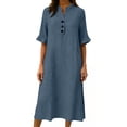 thumbnail image 5 of ClodeEU Women's Stand Collar Half Button Short Sleeve Linen Midi Dress,Casual Loose Fit Dress with Pockets Navy,Women's Plus XL, 5 of 6