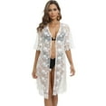 thumbnail image 4 of Xmarks Women's Open Front Lace Kimono Cardigan 1/2 Sleeve Floral Crochet Sheer Swimsuit Cover Up with Belt Bikini Coverups Beachwear, S-2XL, 4 of 8