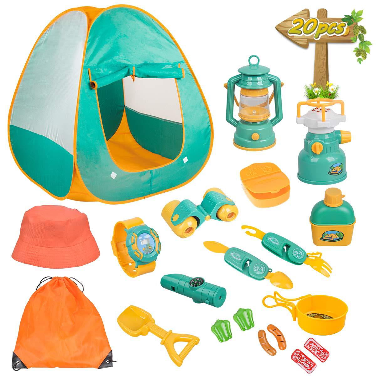 Meland Kids Camping Set with Tent 20pcs - Camping Gear Tool Pretend Play Set for Toddlers Kids Boys Girls Outdoor Toy Birthday Gift