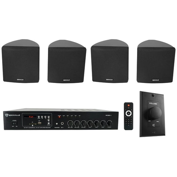 Rockville Commercial Restaurant Amp (4) Black 3.5" Cube Speakers Wall Controller