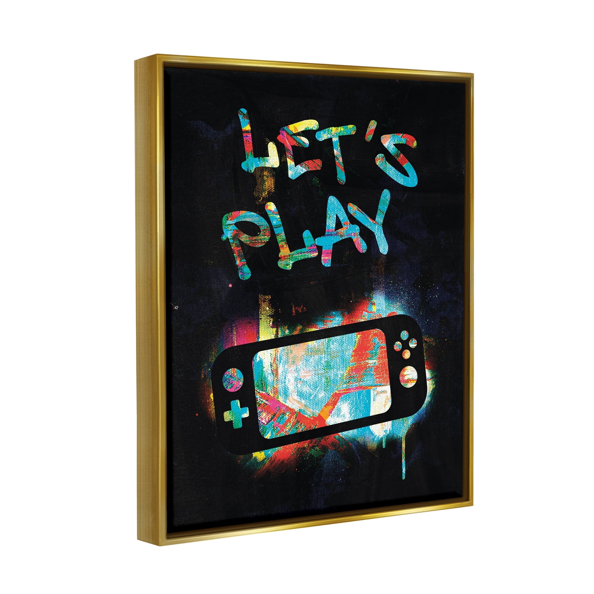 Stupell Industries Let's Play Video Games Neon Street Style Graphic Art Metallic Gold Floating Framed Canvas Print Wall Art, Design by Victoria Barnes