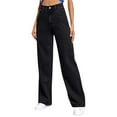 thumbnail image 3 of Women's Plus Size High Waist Wide Leg Jeans, Stretch Denim Straight Leg Pants with Side Pockets, Loose Fit Vintage Washed Mom Jeans for Casual and Daily Wear Black L, 3 of 10