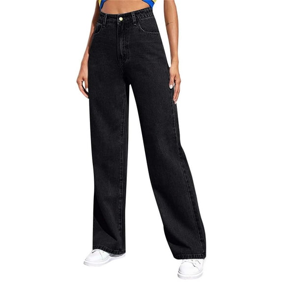 ZJXFGS Women's Casual High Waisted Jeans Stretch Button Wide Leg Loose Denim Pants with Pockets Black L