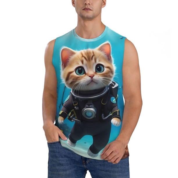 Balery Underwater Diving Cat Camisetas sin mangas para hombre, absorbe la humedad y protege contra el mal olor.-X-Large