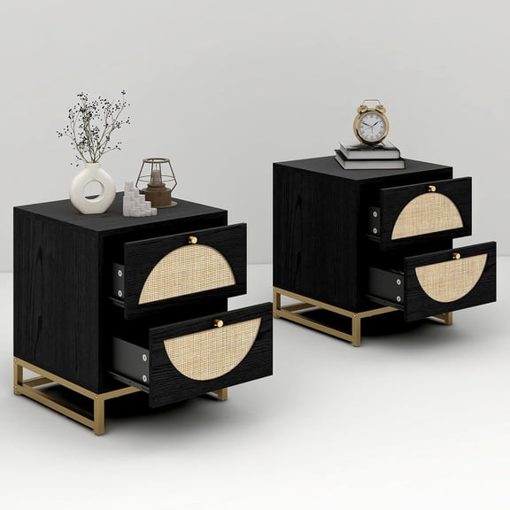 Rattan Nightstand Set of 2, Black Boho Night Stand, Modern Bedside Table with 2 Storage Drawers, Small Gold Frame End Side Table for Bedroom, Living Room, Dormitory(Black,2 PCS)