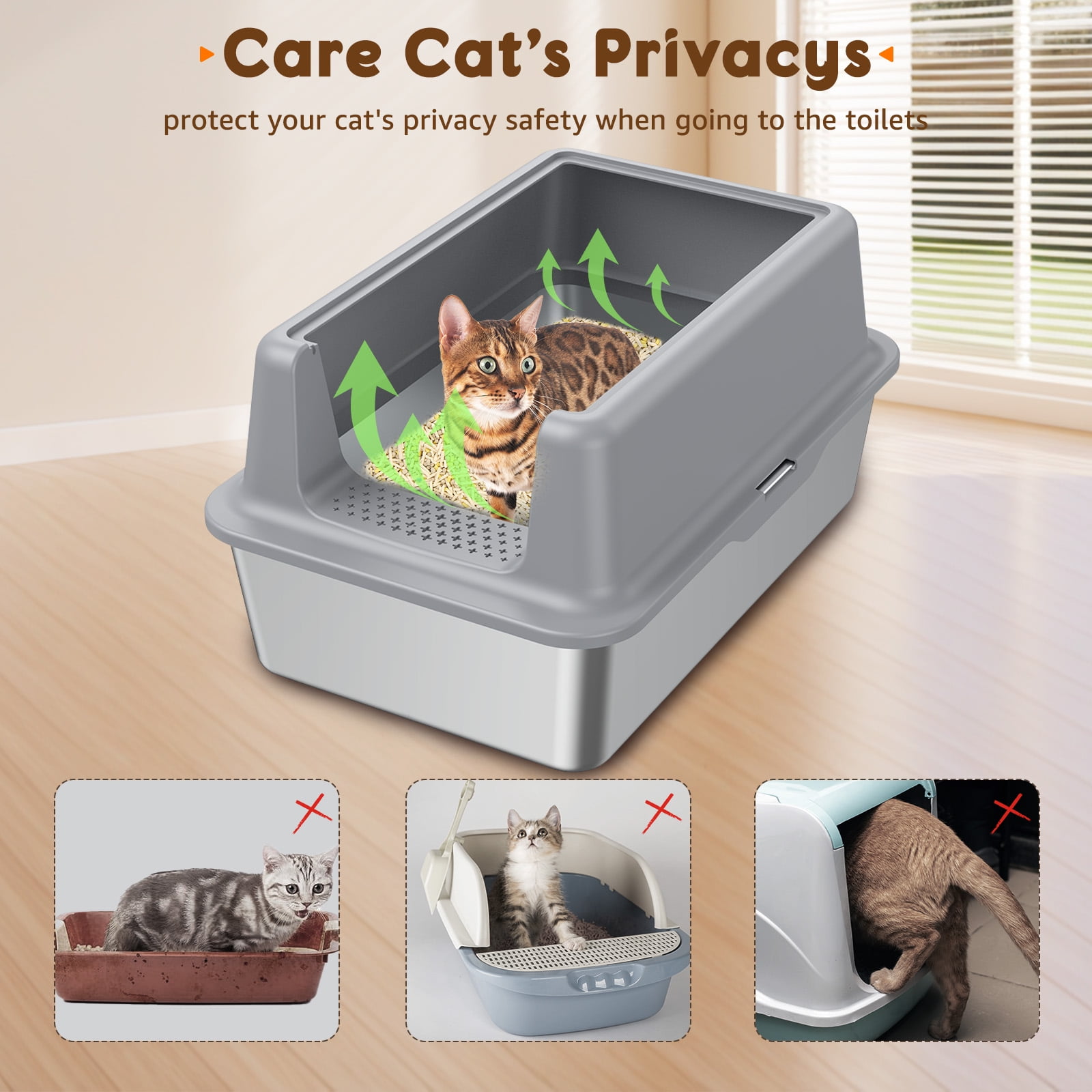 Litter Box with Large Litter Mat for All Cats, Upgraded Stainless Steel 23.6" Cat Litter Tray, High-Sided Open Top Cat Litter Box with Scoop, Anti-Scratch