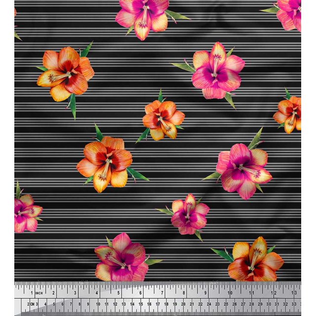 Soimoi Tissu Georgette Poly Noir à Rayures et Imprimé Floral Freesia 1 Yard 52 Pouces de Large