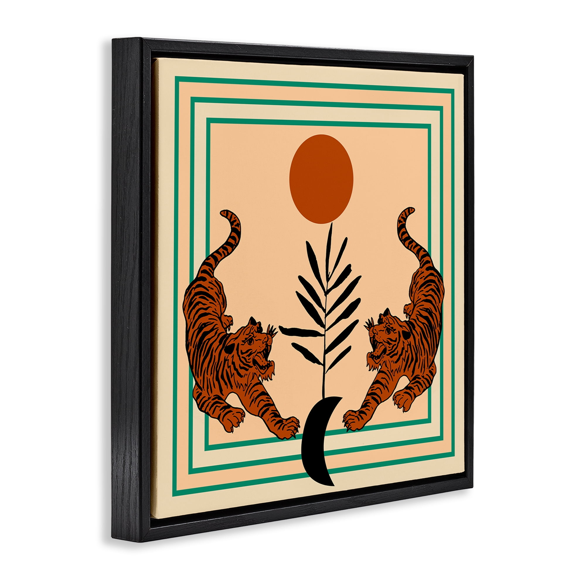 Stupell Industries Symmetrical Tropical Tigers Animals Painting Black Floater Framed Canvas Art Print Wall Art, 18 x 18