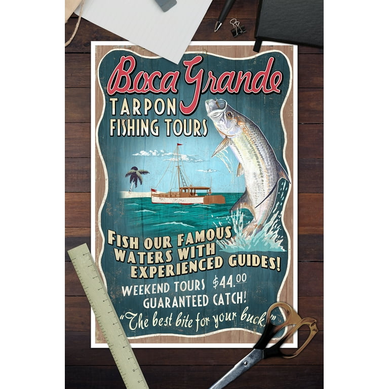 Boca Grande, Florida - Tarpon Fishing Tours Vintage Sign - Lantern Press Artwork (12x18 Art Print, Wall Decor Travel Poster), Size: 12 x 18