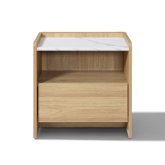 LuxenHome 23" Oak Nightstand with Faux Marble Top, Wood Bediside Table with Open Storage Shelf