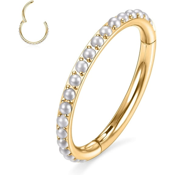 Conch Piercing Jewelry Surgical Steel 16g Septum Jewelry White Pearl Daith Earrings Clicker Hoop Piercing Rings Lip Rings with White Pearl Helix Rook Piercing