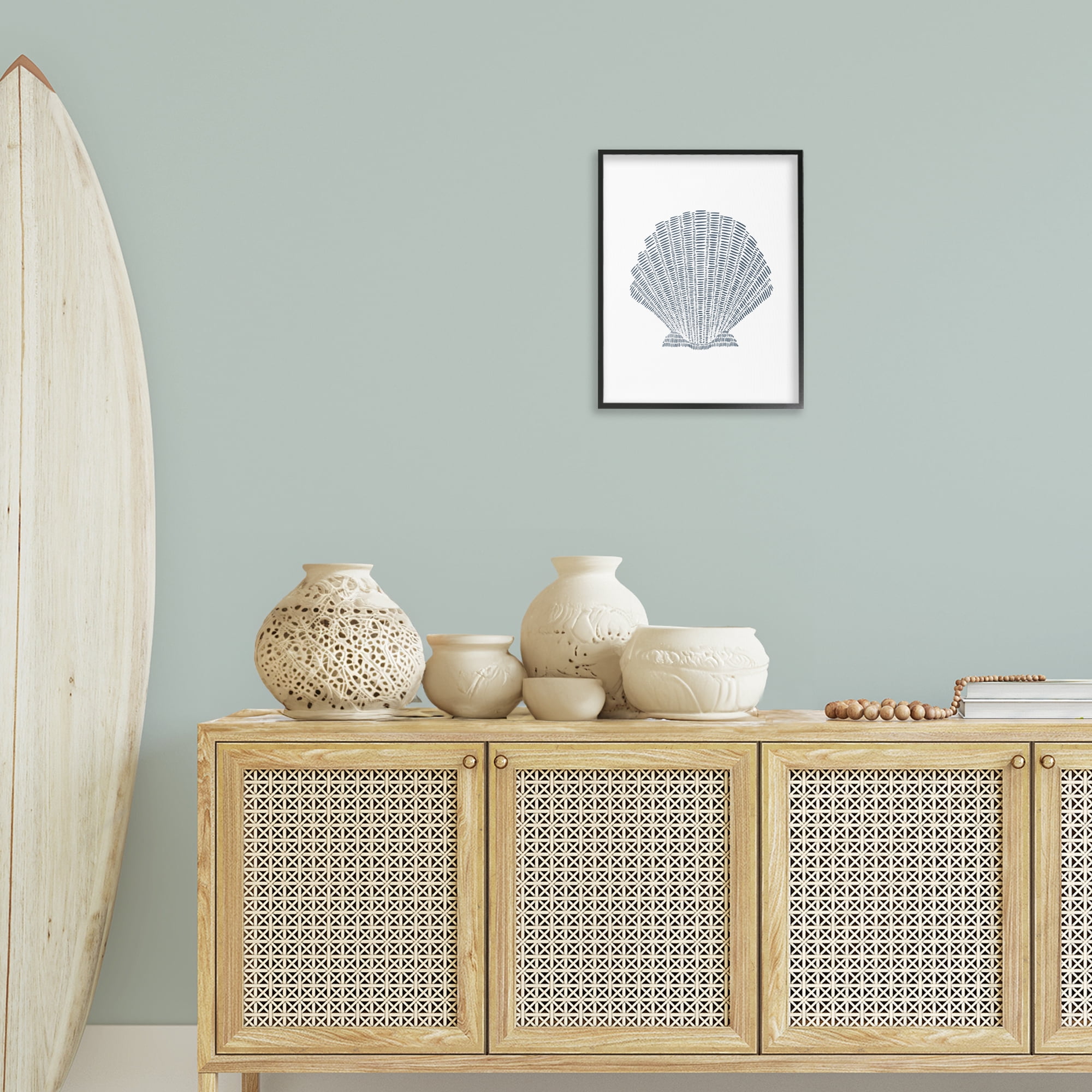 Stupell Industries Minimal Sea Shell Coastal Painting Black Framed Art Print Wall Art, 16 x 20