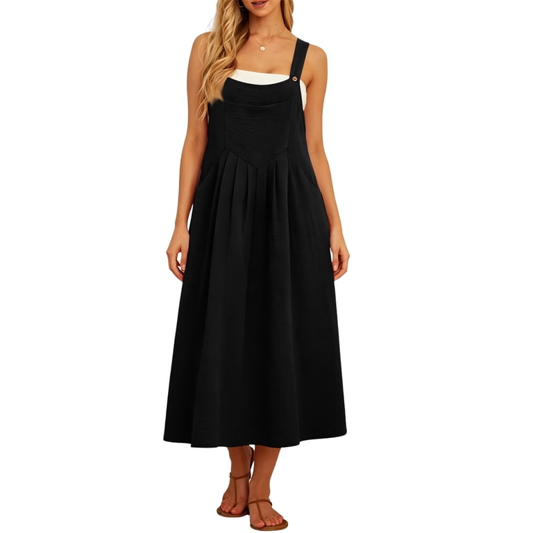 black linen jumper dress Bbyeadc Linen Overalls Dresses for Women Loose Fit Summer Jumper Dress Adjustable Strap Rompers Maxi Pinafore Dress with Pockets,Black (xxl), Women's,