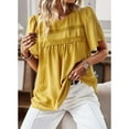 thumbnail image 3 of Top de manga corta con cuello redondo para mujer, blusa elegante informal holgada de Color puro con encaje de lunares suizos, 3 of 6