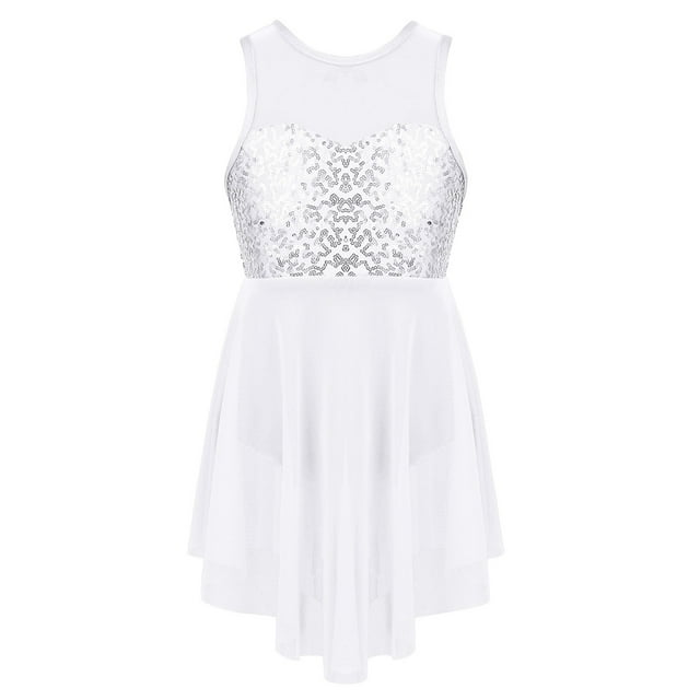 LiiYii Robe de Danse Lyrique à Paillettes pour Filles, Justaucorps Sans Manches à Dos en X, Jupes en Mousseline, Robes de Ballet, Blanc 10