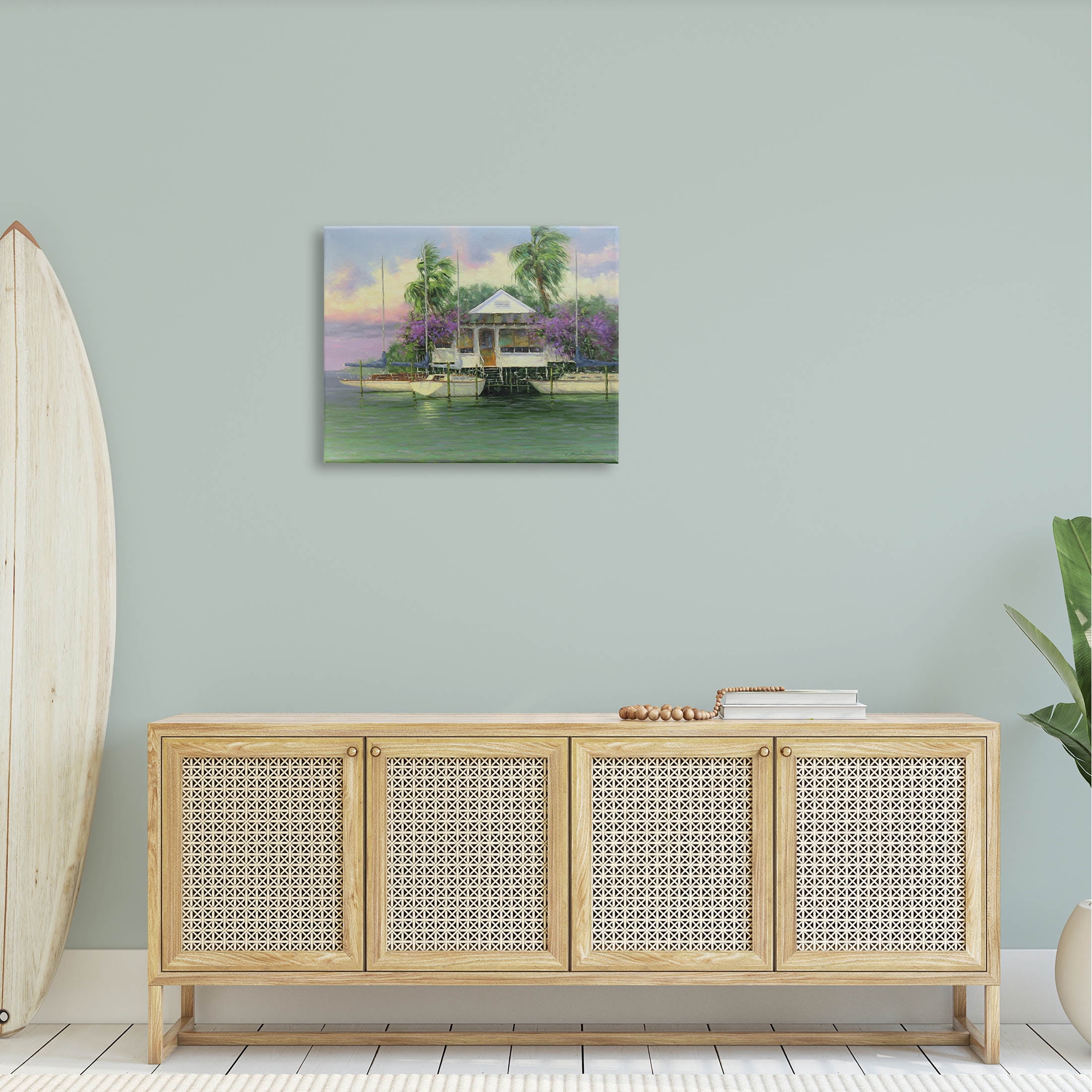 Coastal Boat Dock Tropical Palms Landscape Painting Gallery Wrapped Canvas Print Wall Art