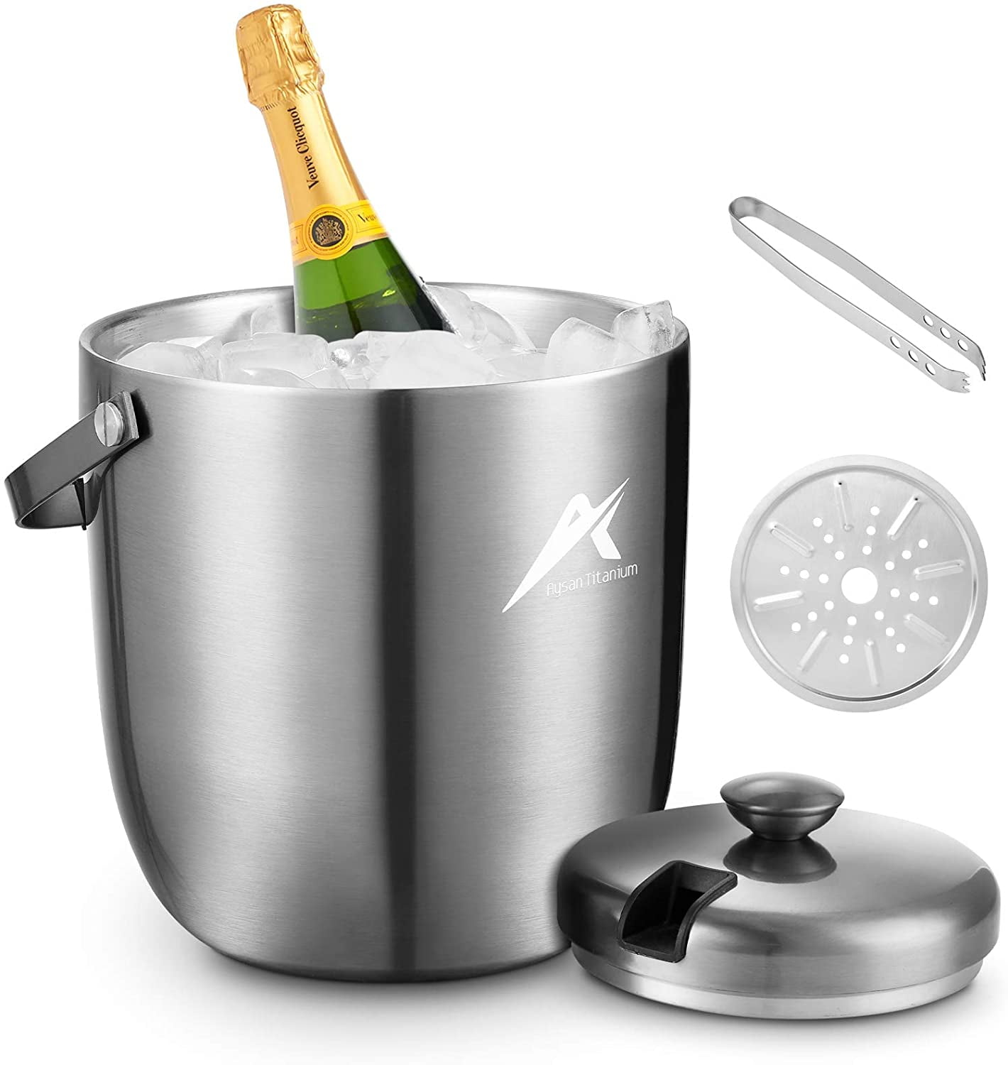 Stainless Steel Double Wall Insulated Silver 2.8 L with Lid & Tongs & Slotted Strainer & Silicone Handle Pad Ice Bucket for Cocktail Bar