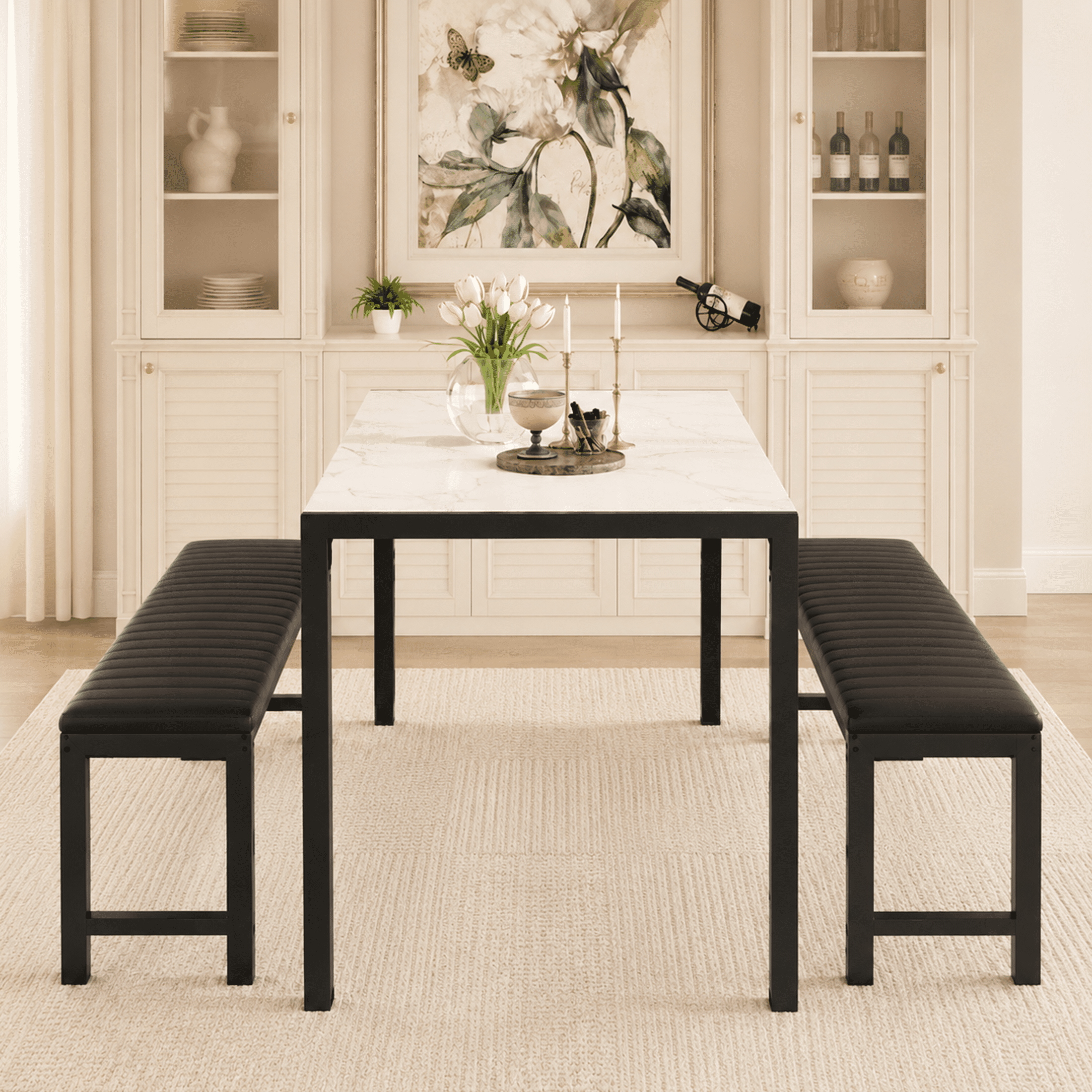 UHOMEPRO Dining Table Set for 4, Kitchen Table with 2 Benches, Modern Dining Room Table Set with Metal Frame, Breakfast Nook Furniture Set for Home Cafeteria Bar Kitchen, White+Black