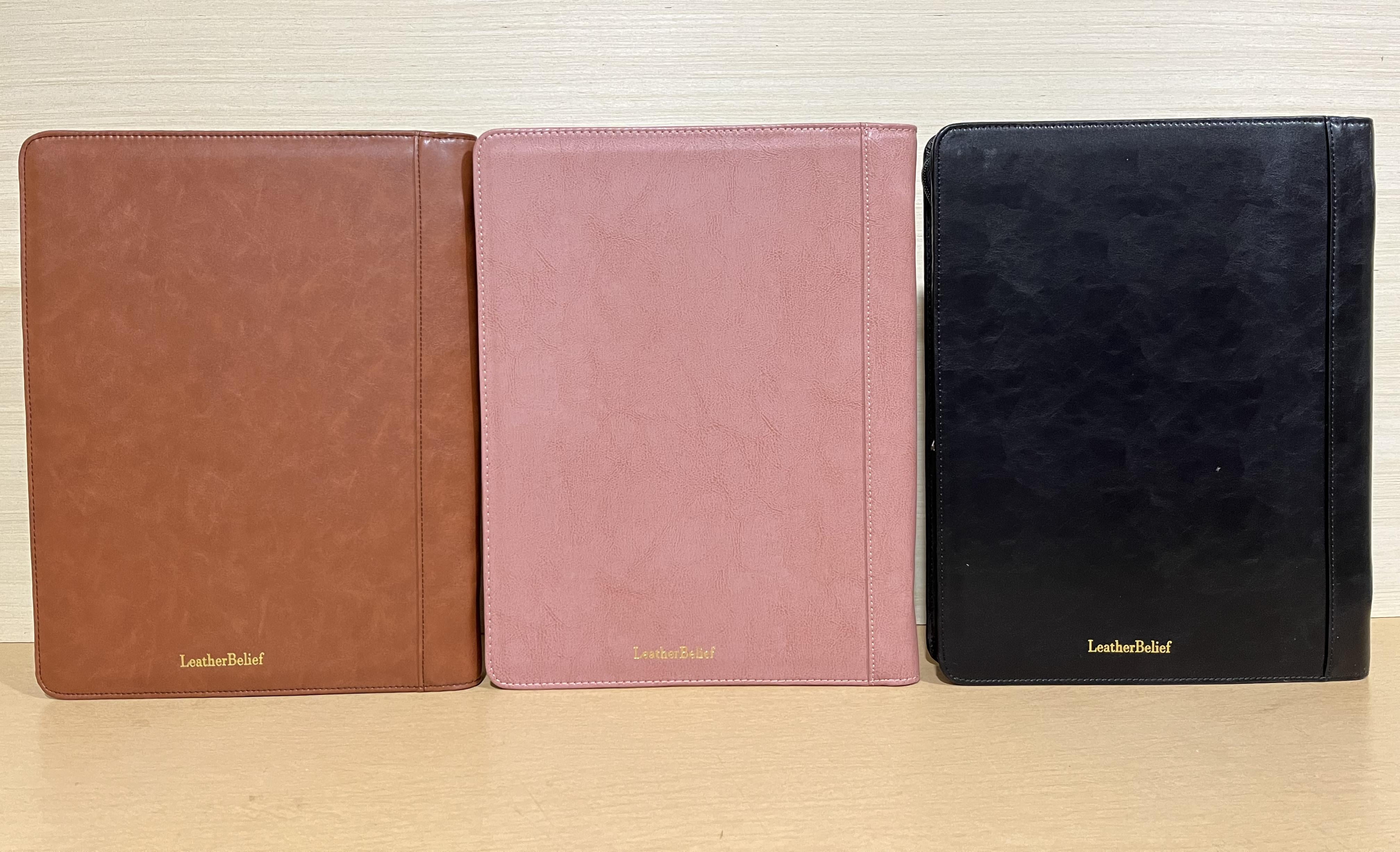 LeatherBelief Vegan Leather Padfolio with Zipper, Professional Business Portfolio with A4/US Letter Writing Pad for Interview, Pink Leather Portfolio for Men, Black