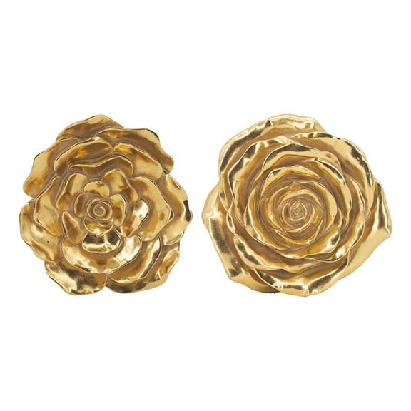 Benjara Dazzle 7- 8" Rose Wall Accent- 3 Dimensional (Set of 2)- Gold Resin