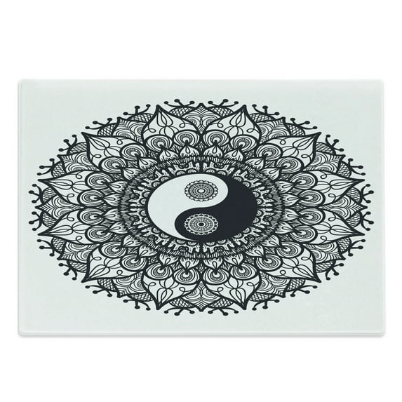 Ying Yang Cutting Board, Bohemian Style Tao in Floral Mandala Design Illustration, Decorative Tempered Glass Cutting and Serving Board, Large Size, Charcoal Grey White, by Ambesonne