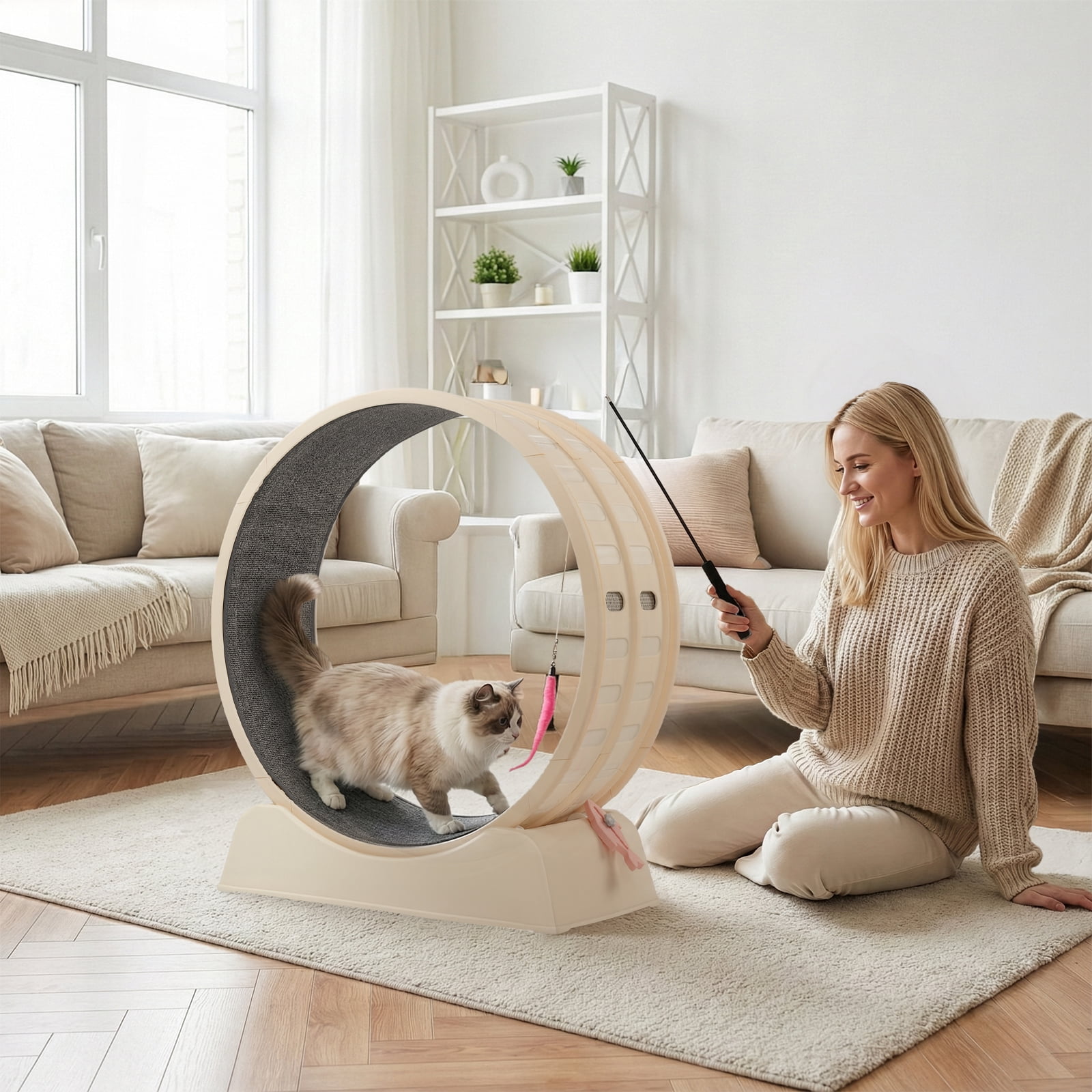 UBesGoo 31in Cat Exercise Wheel, Safe PP Treadmill with Green Mat & Free Teaser Wand, Beige