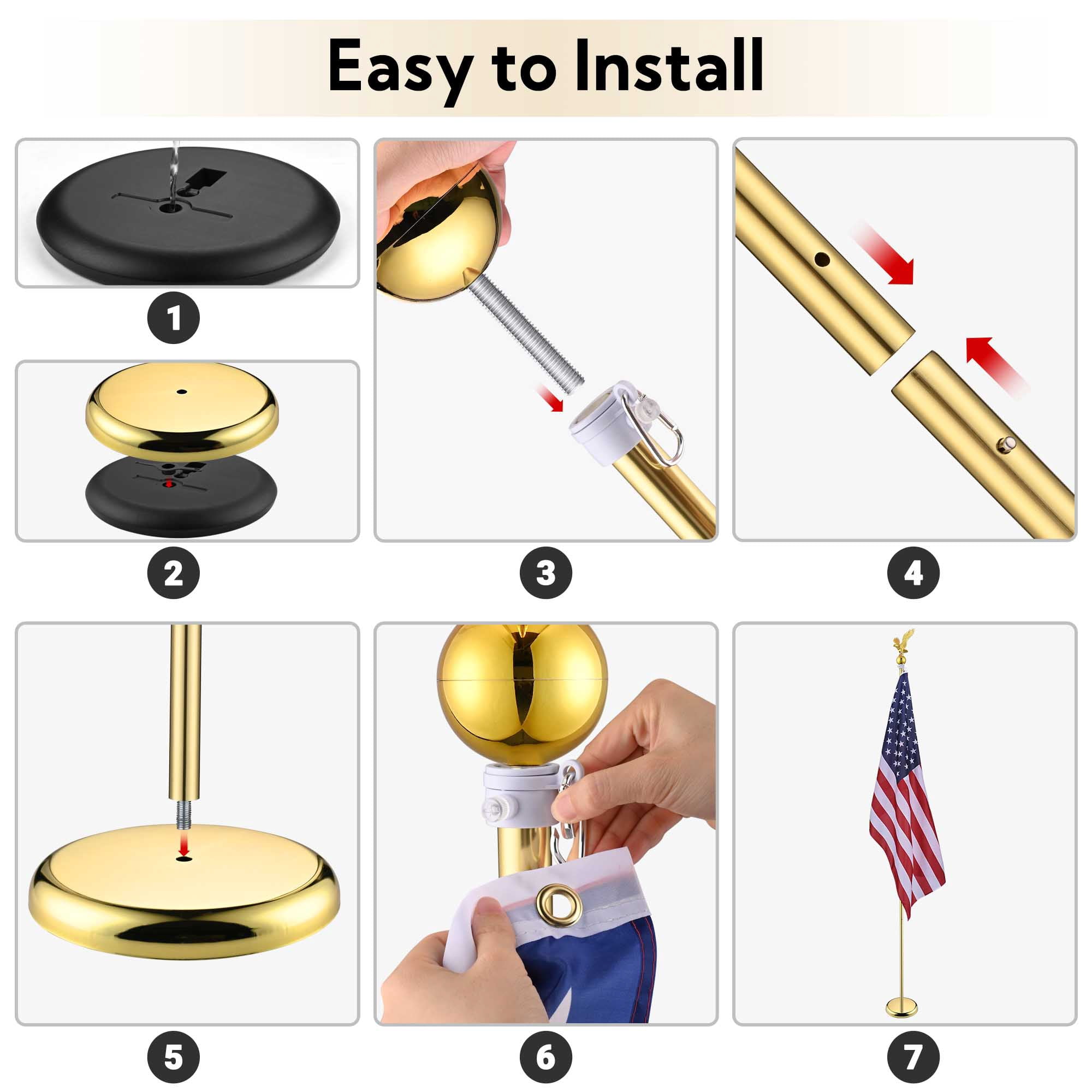 Yescom 8Ft Indoor Flag Pole Kit Eagle Topper Aluminum Gold Pole with Base 3x5Ft US Flag for Office School City Hall 2Pcs