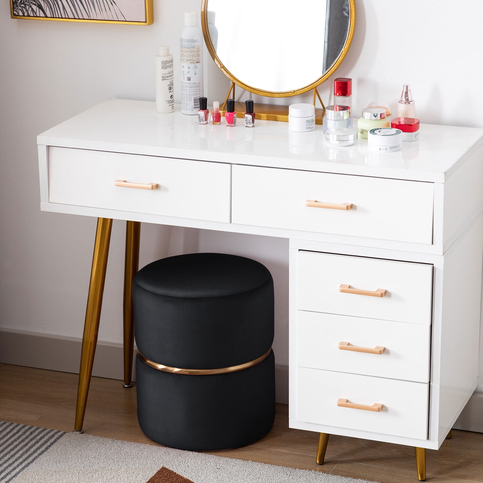 Duhome Round Ottoman Footstools Velvet Vanity Stool Furry Makeup Stool for Bedroom Living Room Decorative Padded Small Bench, Black and Gold