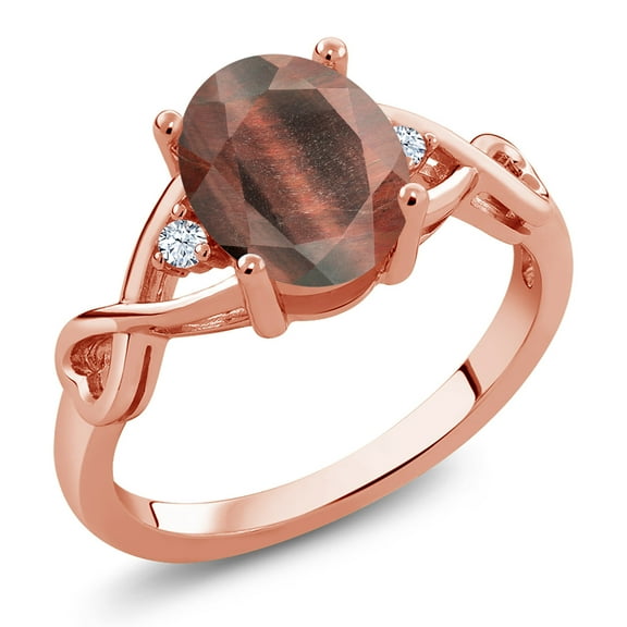 Gem Stone King 1.59 Ct Oval Red Tiger Eye 18K Rose Gold Plated Silver Ring (Size 5)