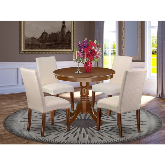 Asian Fusion Dining Set - 5Pc Round Table & 4 Chairs - Cream Linen Fabric - Mahogany Finish