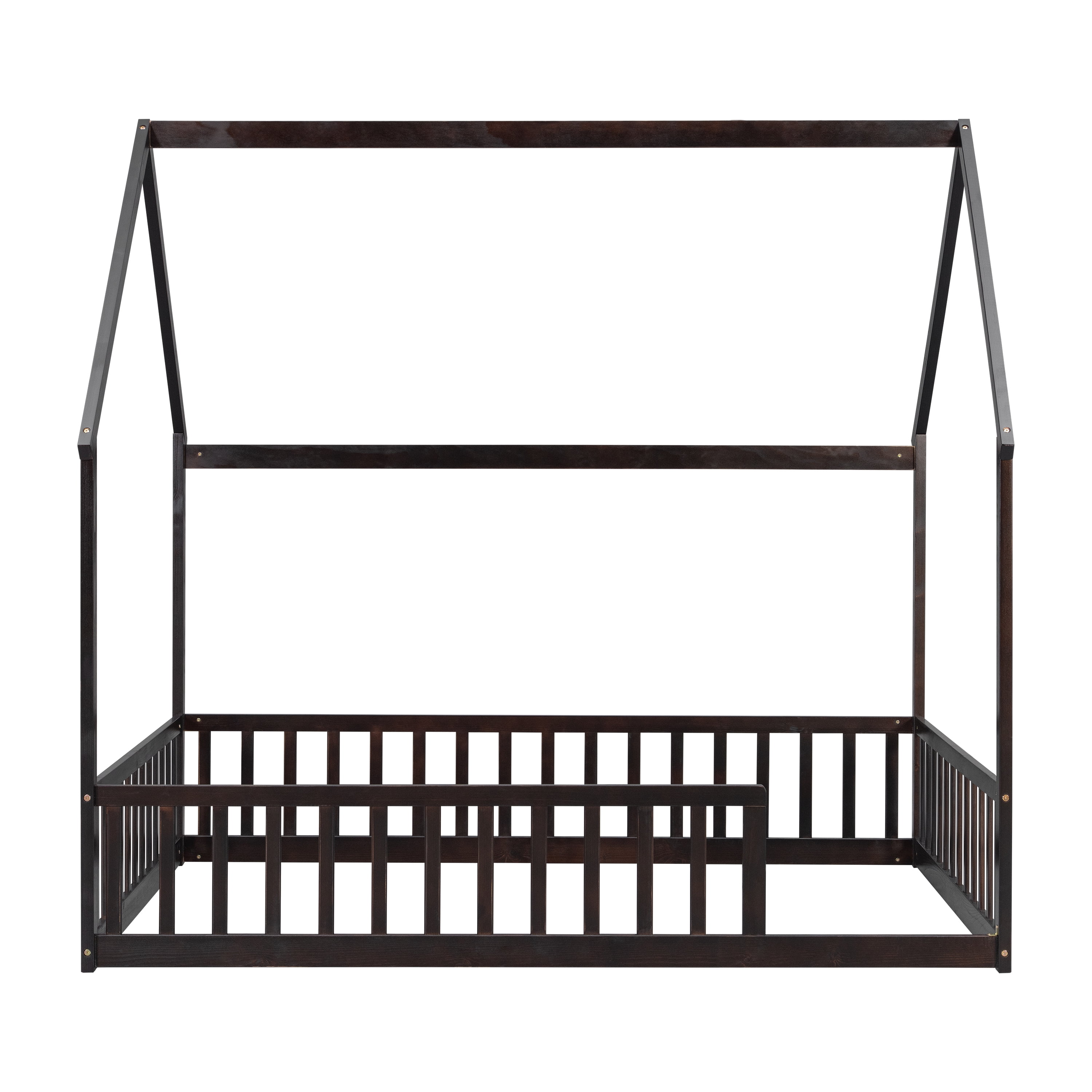 Full Size House Floor Bed with Full Surround Safety Fence, Solid Pine Wood Montessori Kids Playhouse Bed Frame Max 300 LBS No Box Spring Needed for Toddler Bedroom Nursery