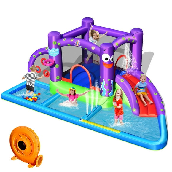Gymax Inflatable Water Slide Castle Kids Bounce House w/ Octopus Style & 750W Blower